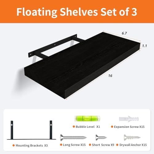 Floating Shelves for Wall Set of 3, 16 Inch Black Floating Shelves Bedroom