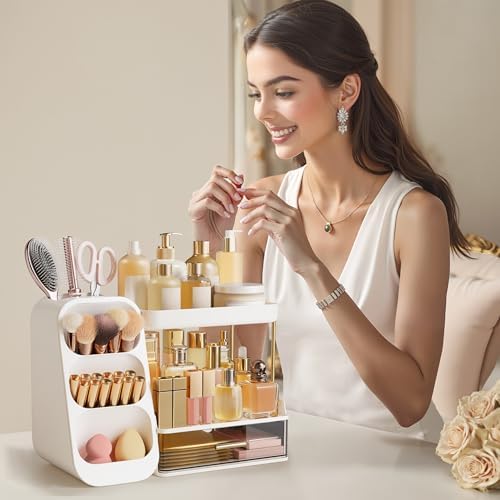 HBlife Bathroom Organizers and Storage with Brush Holder for Vanity, 3 Tier Plastic Makeup Organizer for Dresser Counter