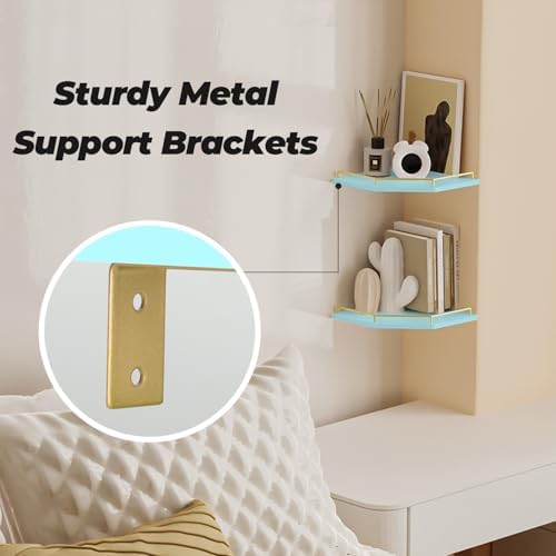 Tirzah Blue Wall Mount Corner Shelf with Gold Metal Guardrail, 2-Tier 9.5-inch Diamond-Shaped Wood Corner Floating Shelv