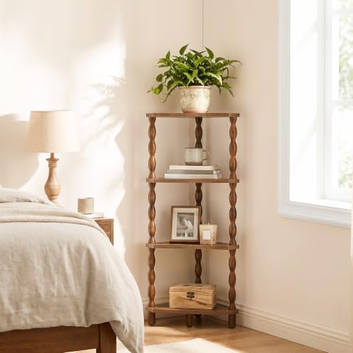 HOOBRO 4-Tier Corner Shelf, Wooden Corner Bookshelf for Small Space, Stylish Corner Storage Display Shelves for Living R