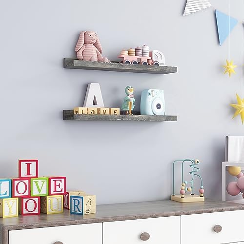 FLYJOE 24 Inches Floating Shelves for Wall, Solid Pine Wood Picture Ledge Shelves, Wall Shelves with Lips, Nursery Book Shelves for Toys Storage Living Room Bedroom Photo Frames (2 Pcs, Grey)