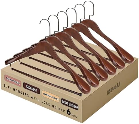 Wide Shoulder Wooden Hangers with Locking Bar, Walnut, 6-Pack