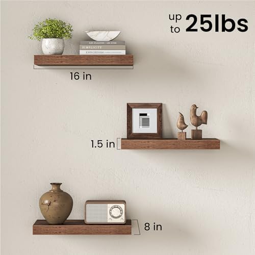 16" Floating Shelves for Wall, Set of 3, 8" Deep, 1.5" Thick, Brown