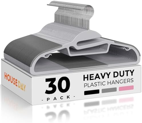 HOUSE DAY Slim Plastic Hangers with Non Slip Rubber Pads, 30 Pack, Grey