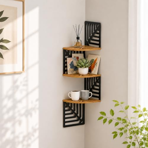 OYEFLY Floating Corner Shelf Wall Mounted Corner Shelves for Bathroom Bedroom Living Room Modern Geometric Metal Wood St