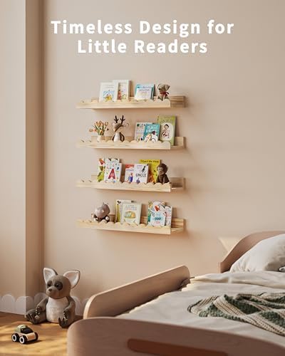 Shario Nursery Book Shelves, 4-Pack Wood Floating Shelves for Wall Kids, Scalloped Shelves, Wall Book Shelves for Bedroo