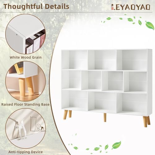 LEYAOYAO 10 Cube Bookshelf, Mid-Century Modern Book Shelf with Legs, White