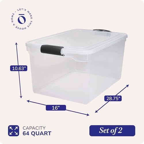 HOMZ Clear Plastic Storage Bin with Secure Latch, 64 Qt, 2 Pack