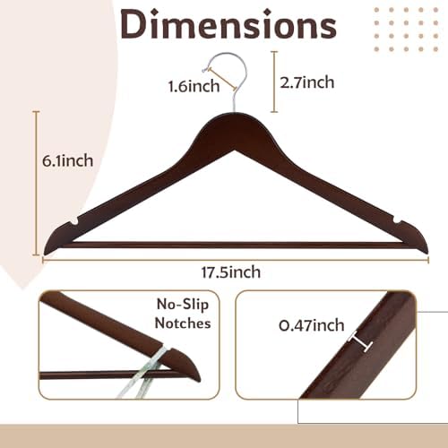 Wooden Hangers, 20 Pack Coat Hangers with Extra Smooth Finish, Precisely Cut Notches and Chrome Swivel Hook, Wooden Clothes Hangers for Shirt Suit Jacket Dress