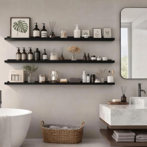 72inch Long Floating Shelves for Wall Decor, 3-Set Shelves with Lip, Black