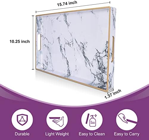 Gifturbo White Serving Tray, Marble Serving Trays with Handles,Rectangular Coffee Table Ottoman Tray Decorative Plastic 