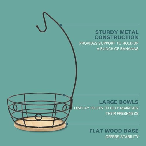 Gibson Home Harvest Season Fruit Basket Bowl with Banana Hanger – Black Metal Wire & Rubberwood Base – Countertop Produc