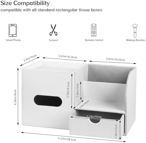 PU Leather Tissue Box Cover Square with Drawer Storage and Tray on Top