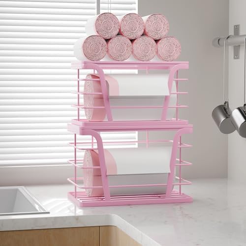 TIDIIABODE 2 Pack Pink Trash Bag Holder - Stackable Garbage Bag Dispenser with Bamboo Top, Kitchen Accessories & Decor, 