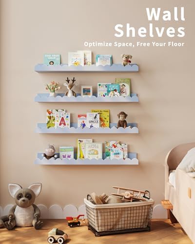 Shario Nursery Book Shelves, 4-Pack White Floating Shelves for Wall Kids, Scalloped Shelves, Wall Book Shelves for Bedro