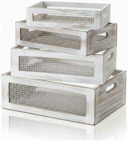 FillTouch 4 Pcs Wooden Nesting Countertop Baskets, White, Small