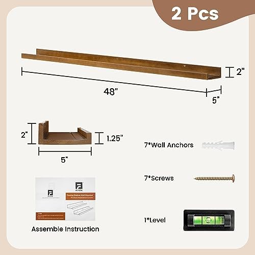 FLYJOE Picture Ledge Wall Shelves 48 inch Width Set of 2, Solid Pine Wood Rustic Floating Ledge Shelves for Wall for Kids' Room Bedroom Kitchen Bathroom Living Room Nursery Display Wall Decor, Walnut