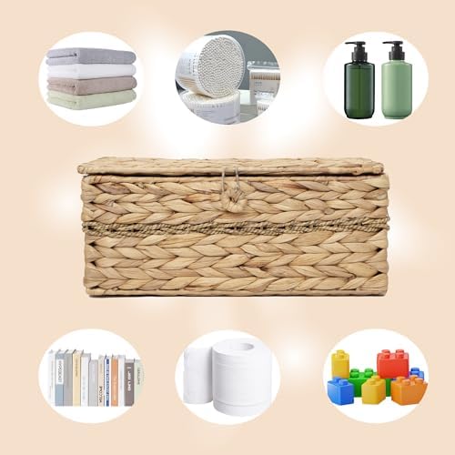 Wicker Basket with Lid,Woven Hyacinth Storage for Home Organizer