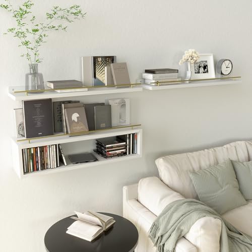 WOPITUES Floating Shelves for Wall 24 inch with Cube Shelf, Wall Shelves with Metal Rail for Decor, Bathroom Organizers 