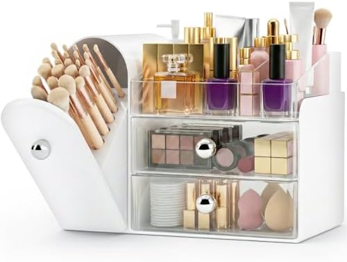 Makeup Organizer Countertop with Makeup Brush Holder,White