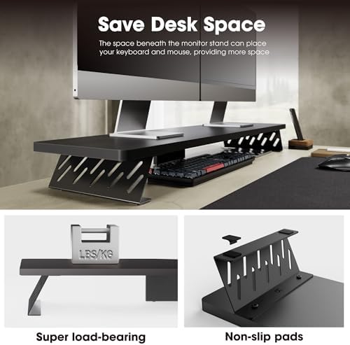 Fenge Monitor Stand Riser, Wooden & Metal Desk Shelf Organizer, Black