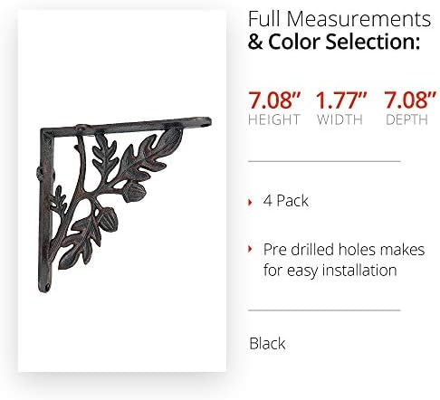 NACH Decorative Shelf Brackets, 4 Pack of 7 x 1.8 x 7 inch, Black Cast Iron Rustic Shelf Brackets - Metal Shelf Brackets