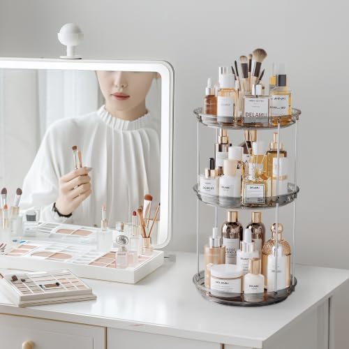 Delamu 3 Tier Rotating Makeup Organizer for Vanity, Skincare Organizer for Bathroom Counter, Spinning Perfume Organizer 
