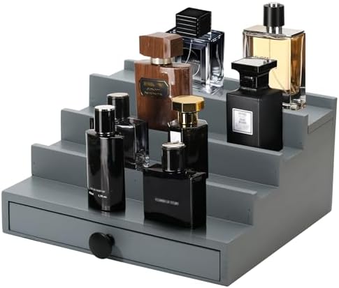 4 Tier Men's Cologne Organizer, Gray Wooden Display Stand with Drawer