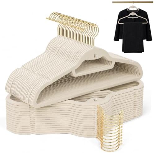 Ivory Velvet Hangers 50 Pack with Stackable Cascading Gloden Hook