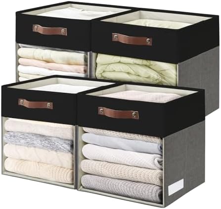 Bagnizer Storage Cubes, 4 Pack Linen Foldable Storage Bins (13 x 13 inch) with Clear Window and Handles, Fabric Organizer for Shelf Closet, Clothes, Books - (Gray and Black)
