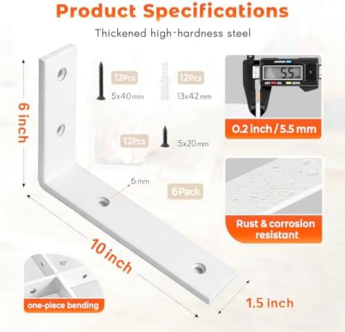 Shelf Bracket 6 Pack 10" Lx6 H 5mm Thick Heavy Duty White L Brackets