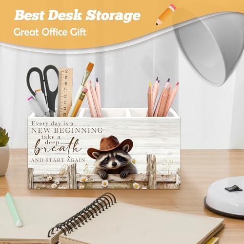 Inspirational Western Cowboy Raccoon Pen Holder Organizer for Desk Accessories, Farmhouse Daisy Floral Raccoon Affirmation Wooden Box Sign Desk Decorations for Home Office Decor