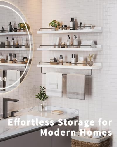 Seocry Bathroom Shelves, Wall Shelf Set of 3, Floating Shelves, Shelves for Room Wall, Bathroom Decor (White Grey, 23.1 