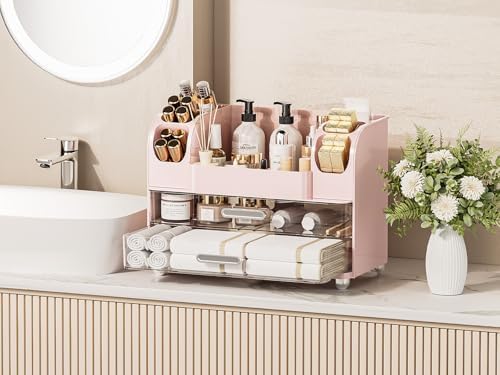 Delamu Large Makeup Organizer Countertop with 6 Brush Holders, Pink