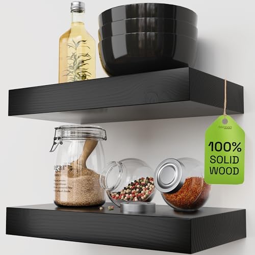 Solid Wood Floating Shelves for Wall 12 Inch Black, Small Wooden Shelf