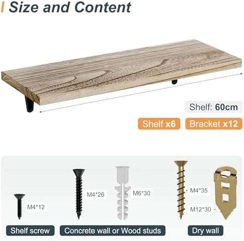SKYSEN Floating Shelves for Wall Set of 6, 23.6in Wood Wall Shelf for Decor, Bathroom, Bedroom, Storage, Book,Kitchen, L