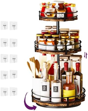 Heavy-Duty 3-Tier Lazy Susan Organizer, Adjustable to Different Heights, Countertop Spice Rack, Upgraded Thickened Woode