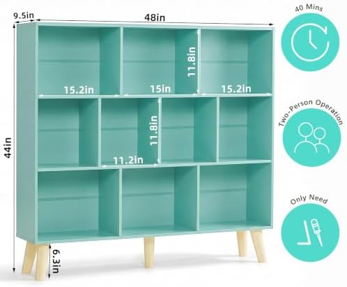 YAHARBO 10 Cube Bookshelf,3 Tier Bookcase with Legs,Green Mid-Century Modern Bookshelves,Large Free Standing Open Storag