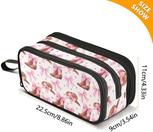 Wfrish Big Capacity Pencil Case for Girl Boy Cowgirl Hat Boots Pink Bow Student Pencil bag Pen Pouch Large Stationery 3 Compartments Zippers Organizer School College Office Teens Adults