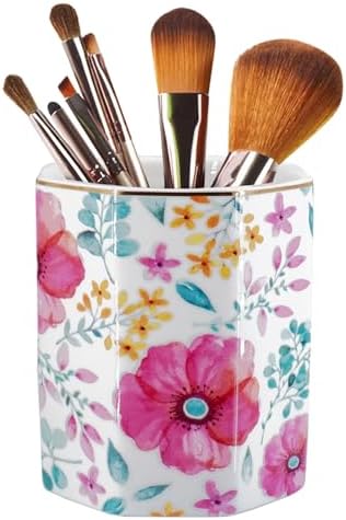 Pen Holder, Makeup Brush Holder Ceramic Shiny Gold Spring Floral Pattern Pencil Cup for Girls Kids Women Durable Stand Desk Organizer Storage Gift for Office, Classroom, Home (Purple Red)