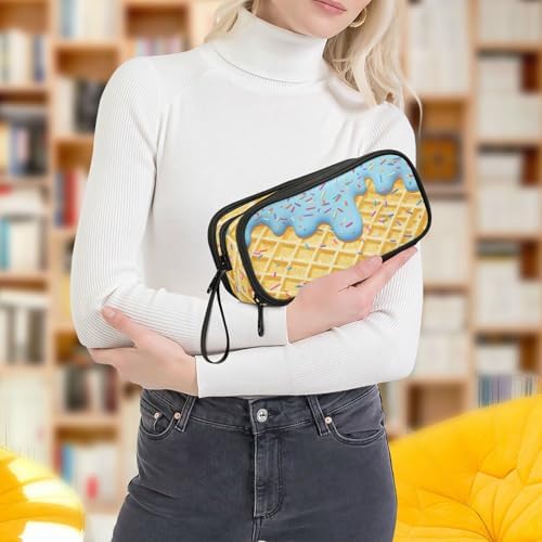 Wfrish Pencil Case Big Capacity for Girl Boy Ice Cream Cone Blue Glaze Student Pencil bag Pen Pouch Large Stationery 3 Compartments Zippers Organizer School College Office Teens Adults