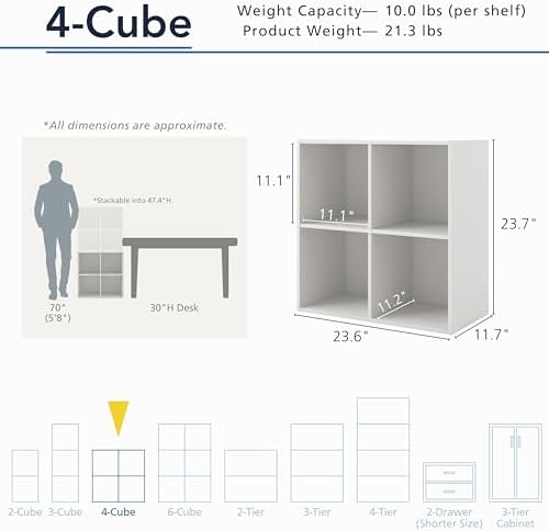 Homes: Inside + Out Apexa 4-Cube Storage Organizer Shelves, Stackable Wood Bookcase Fits Cubby Bins for Organization, Do