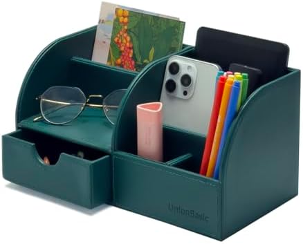 UnionBasic Desk Organizer - Multifunctional Leather Desktop Pen Holder Storage Box - Business Card/Pen/Pencil/Mobile Phone/Stationery Holder, Vintage Green