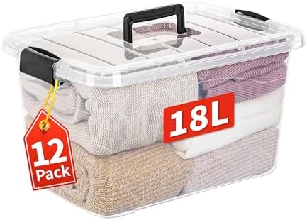 Cetomo 18Lx12 Pack Storage Boxes, Storage Box with Lids and Handle for Home Dorm Office Organization, Stackable Nesting 