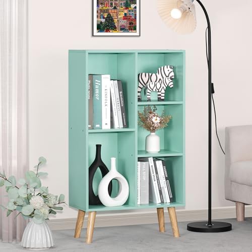 LEYAOYAO 5 Cube Bookshelf, Mid-Century Modern Book Shelf with Legs, Green