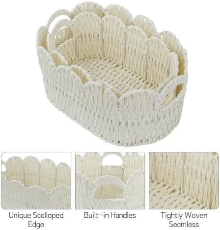 Set of 2 Paper Rope Scalloped Baskets, Small Baskets for Gifts, Beige