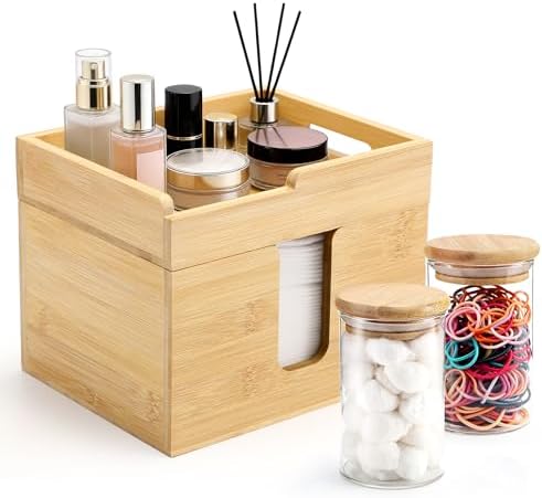 Bamboo Face Towel Holder with 2 Glass Jars, Skincare Organizer