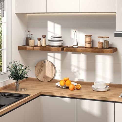 32 Inch Floating Shelves for Wall, Wood Wall Mounted Deep Storage Shelves with Invisible Brackets, Large Decorative Disp