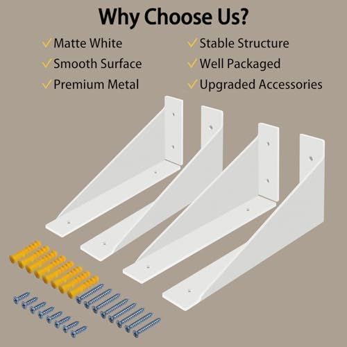 BRATA Shelf Brackets White 8 Inch, 4 Pack, Metal Shelving Brackets