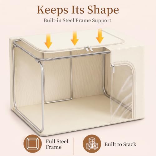 GoMaihe Clothes Storage Bins with Metal Frame for Blanket 3 Pack 66L Beige